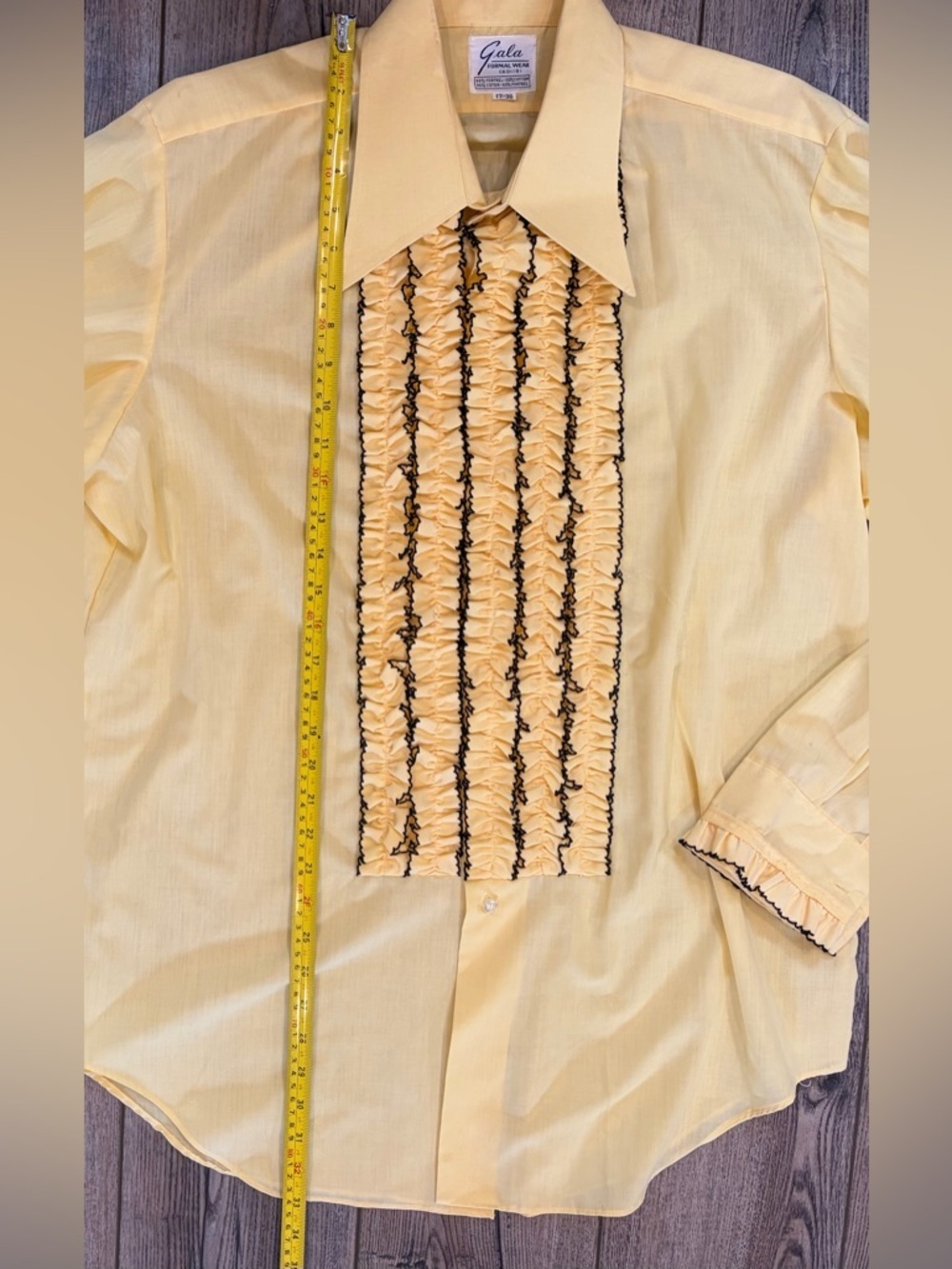 Vintage 70s Yellow Ruffle Tuxedo Shirt Mens 17-36 French Cuff Disco Formal Gala - Picture 8 of 10